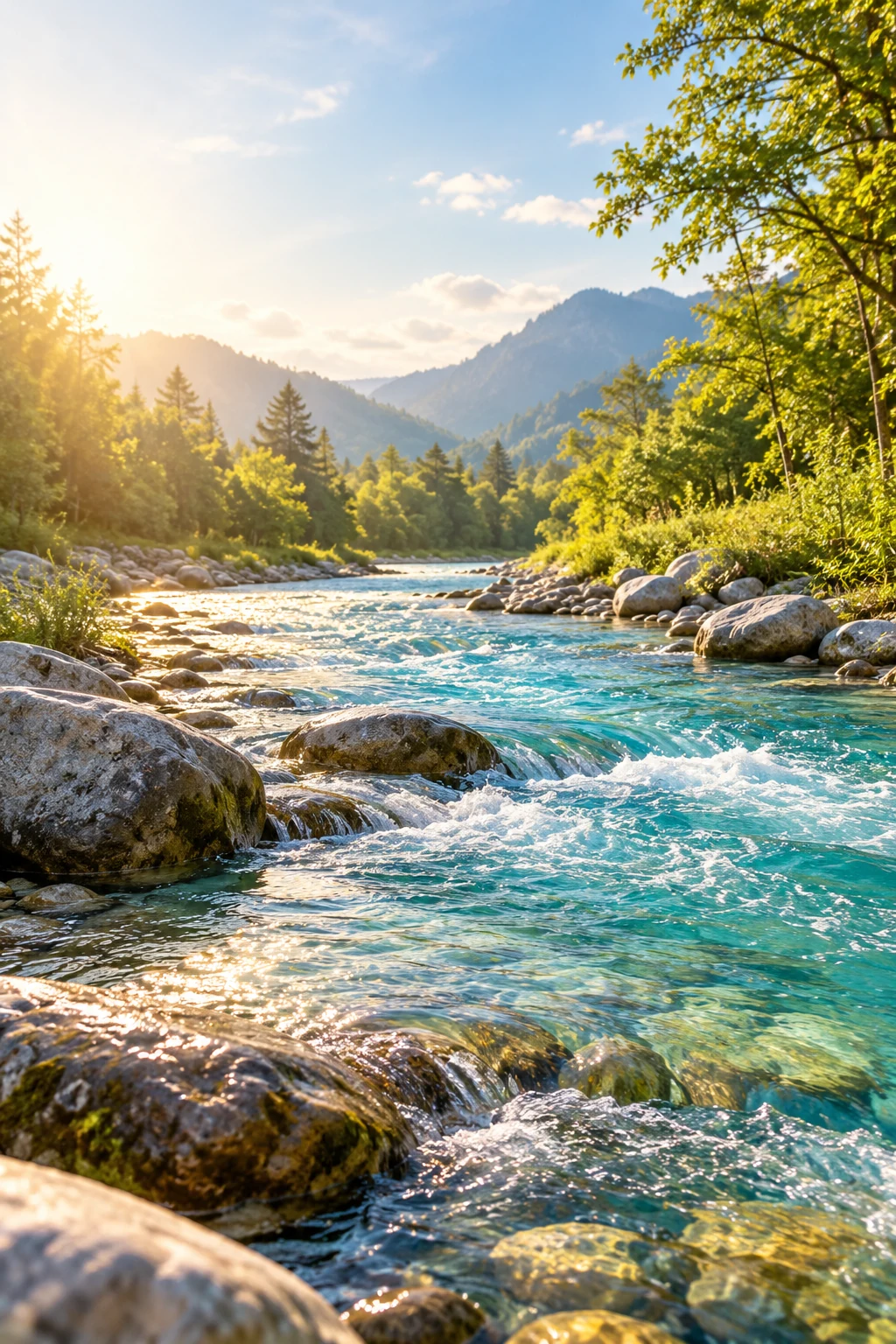 Ein Fluß findet zwischen Steinen und begrünten Ufern seinen Weg, mit blauem Wasser und warmem Sonnenlicht
